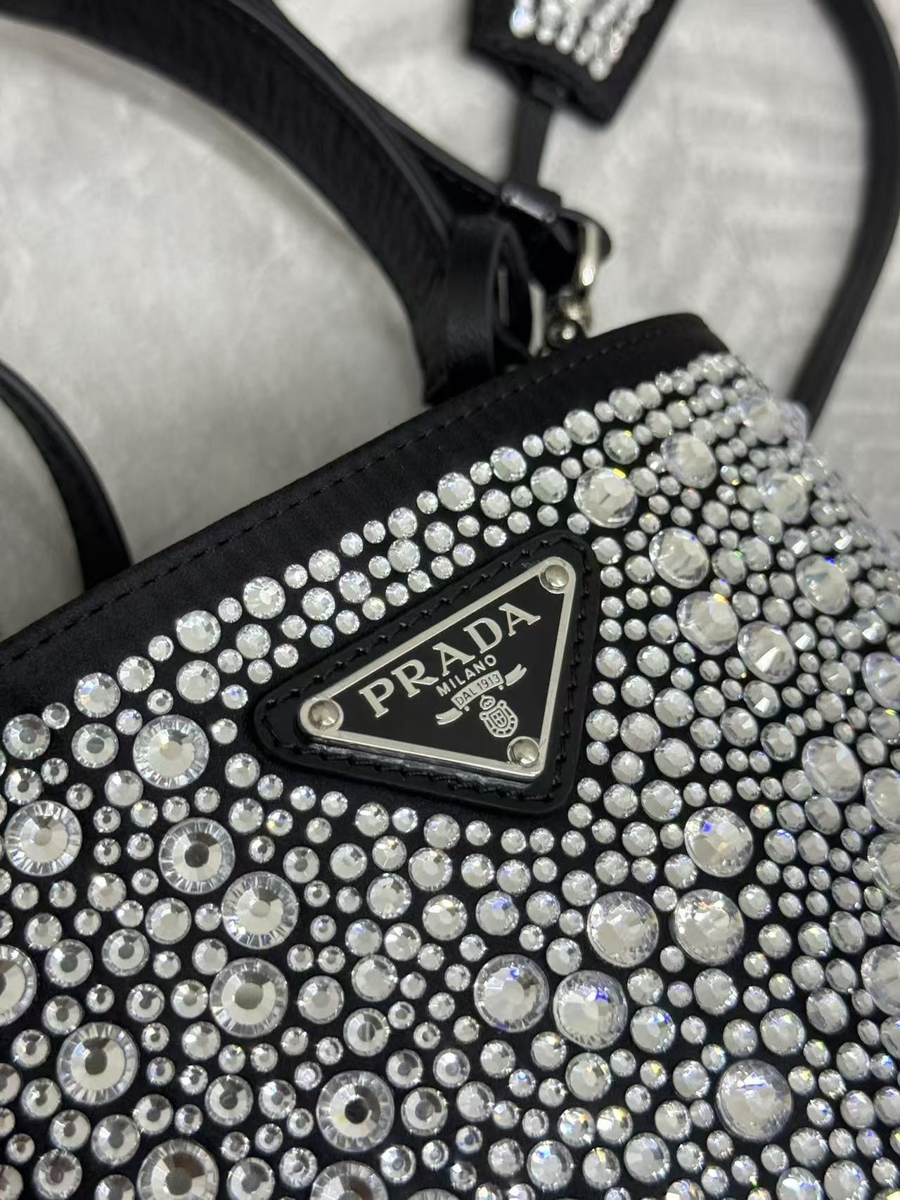 Prada Panier  Bag Black White Crystal-embellished Leather