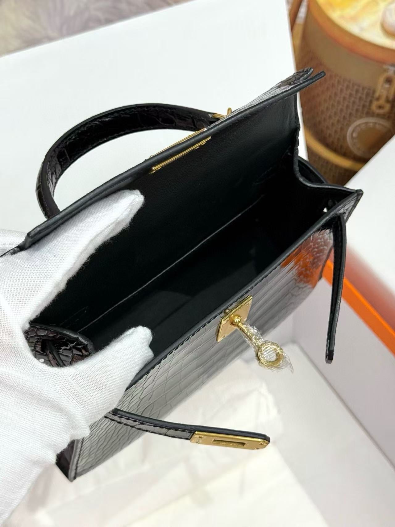 Hermès Kelly II Sellier Mini Black Shiny Crocodile Gold Hardware