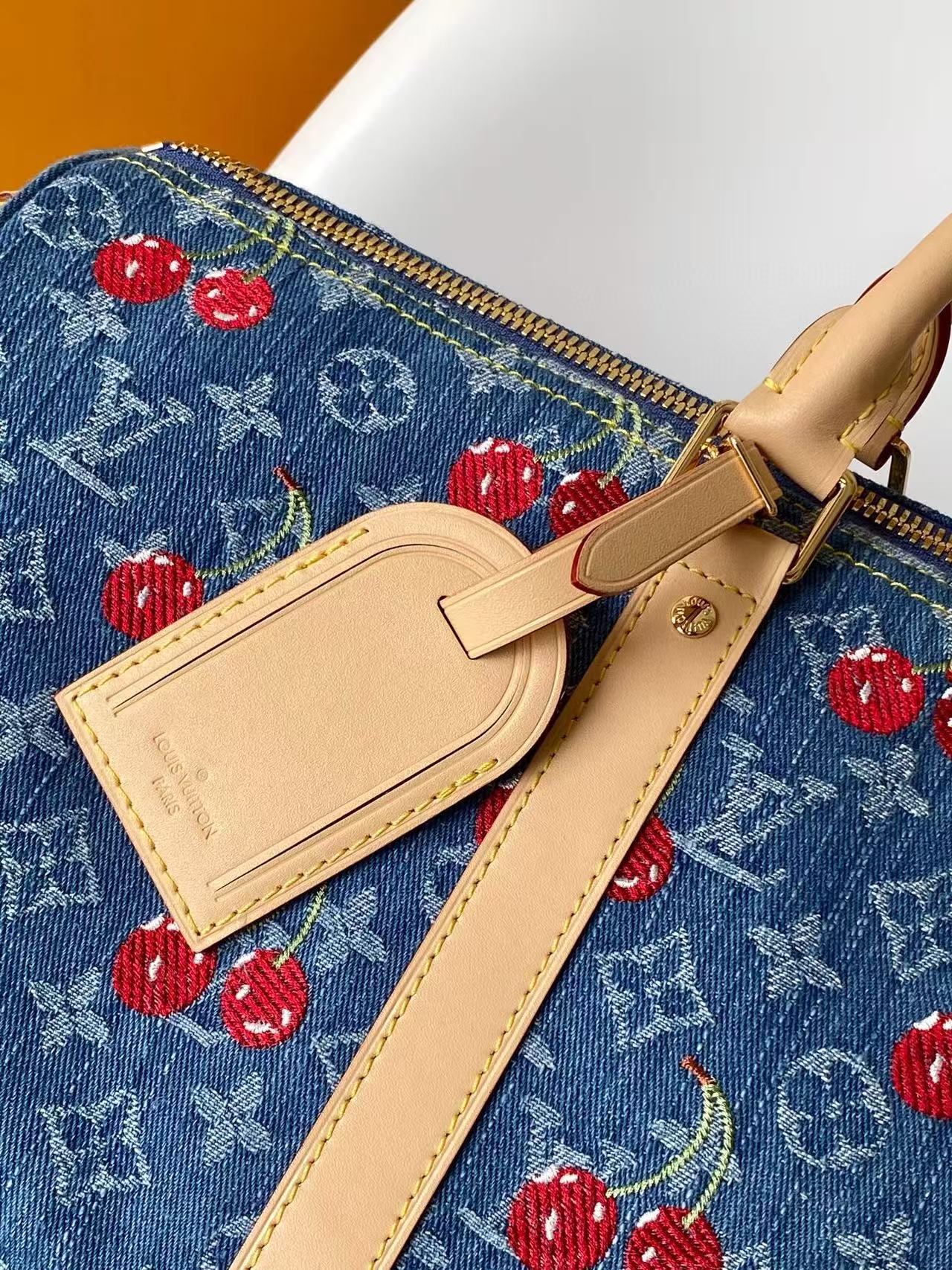 LV x TM Keepall Bandoulière 45cm Bag Blue Red Beige Denim Fabric Cowhide