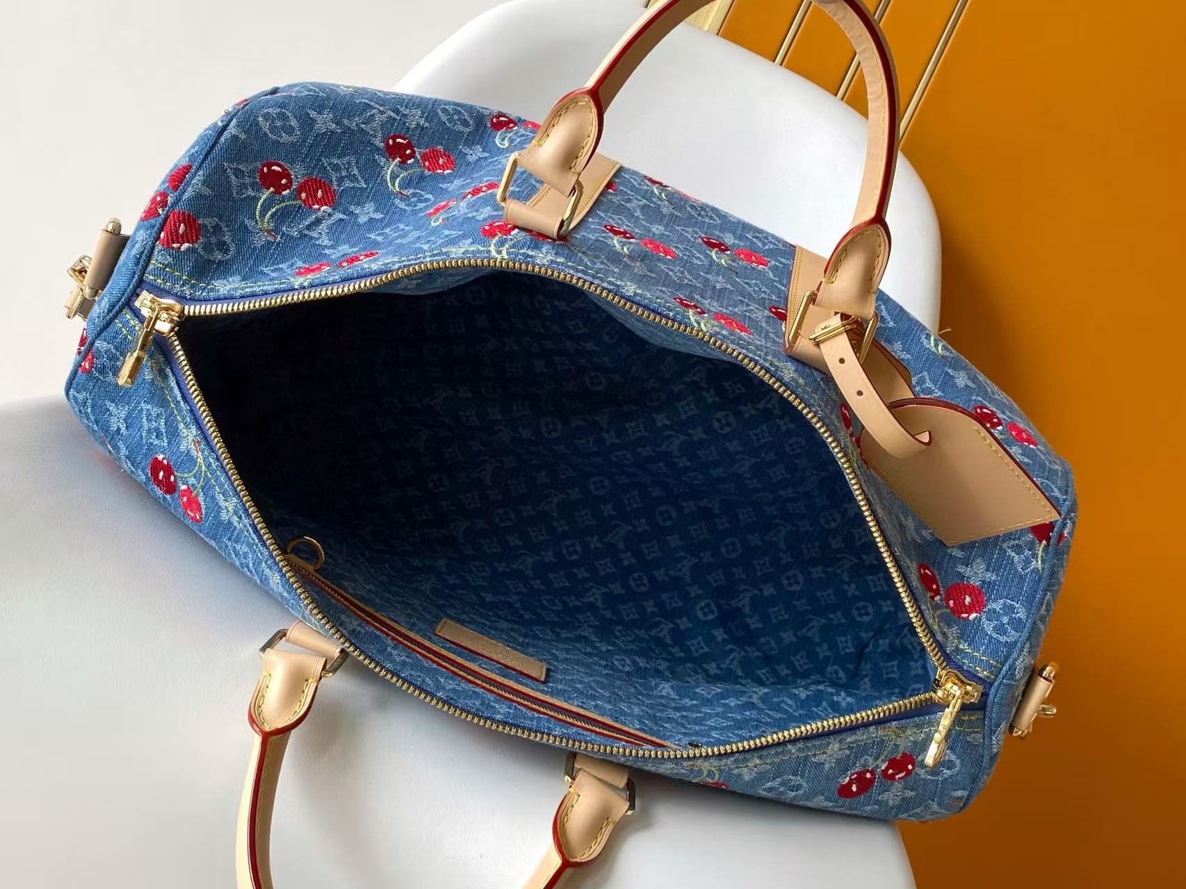 LV x TM Keepall Bandoulière 45cm Bag Blue Red Beige Denim Fabric Cowhide