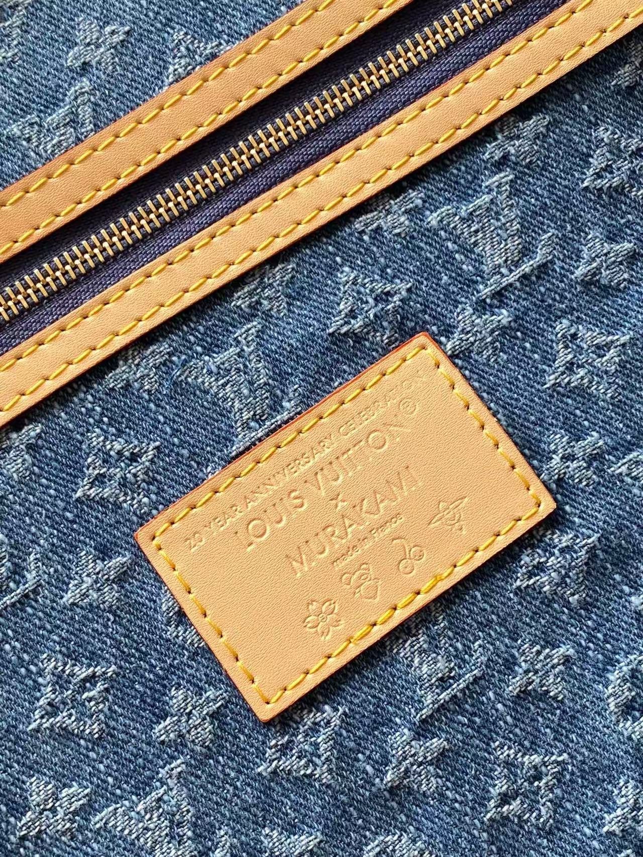 LV x TM Keepall Bandoulière 45cm Bag Blue Red Beige Denim Fabric Cowhide