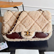 CC 2025 Flap Bag 23.5cm Beige Dark Burgundy Sherling Lambskin Gold Hardware