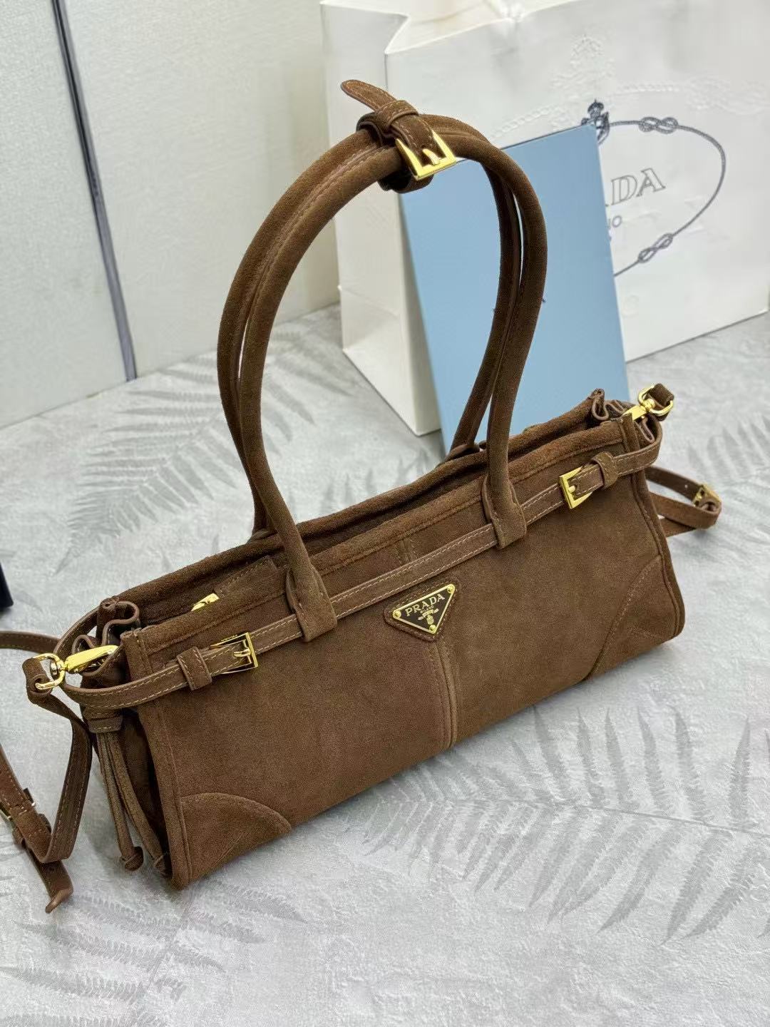 TOTE BAG WITH BELT 32 IN RUSSET BROWN SUEDE GOLD HARDWARE