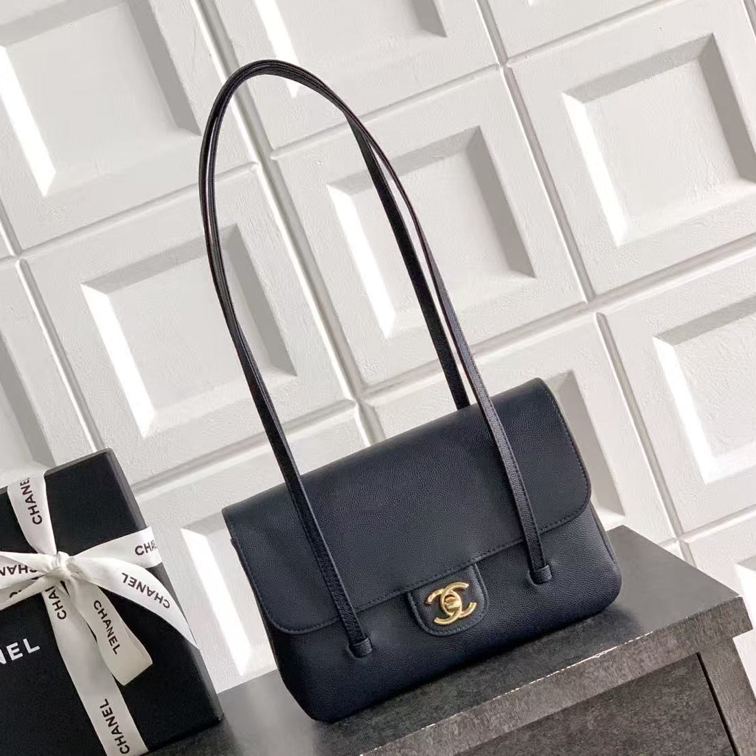 Chanel 2026 Bag 22cm Blue Grained Shiny Calfskin