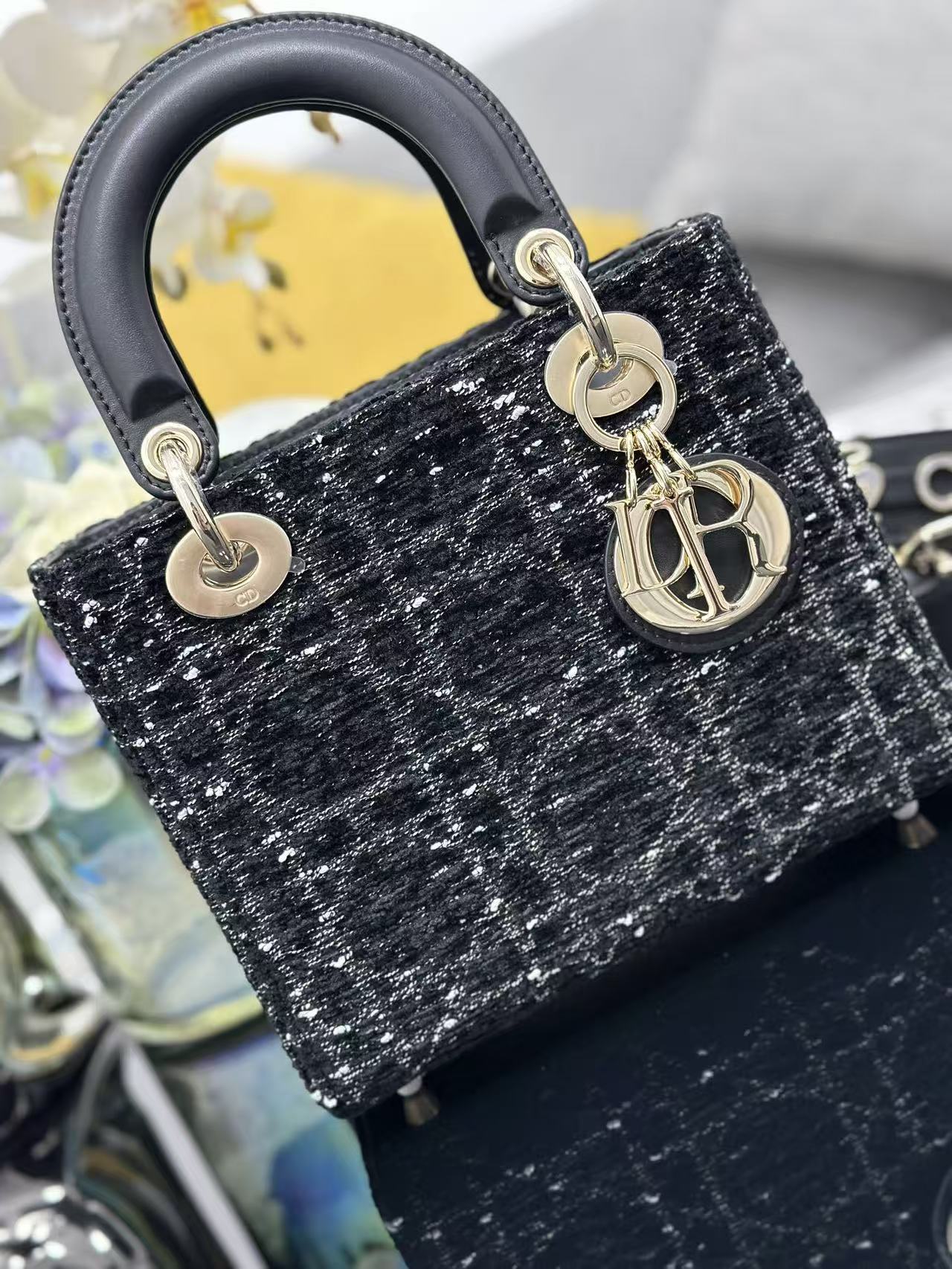 Dior 2026 Lady Dior Bag 20cm Black Gold Tweed Leather