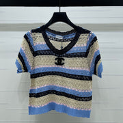 Chanel 2026 Hollow Out Knit Top Blue Beige Black Cotton