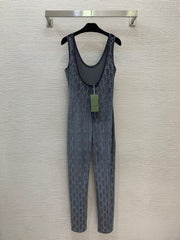 Gucci 2026 GG Crystal Embroidery Jumpsuit Blue Viscose Polyester
