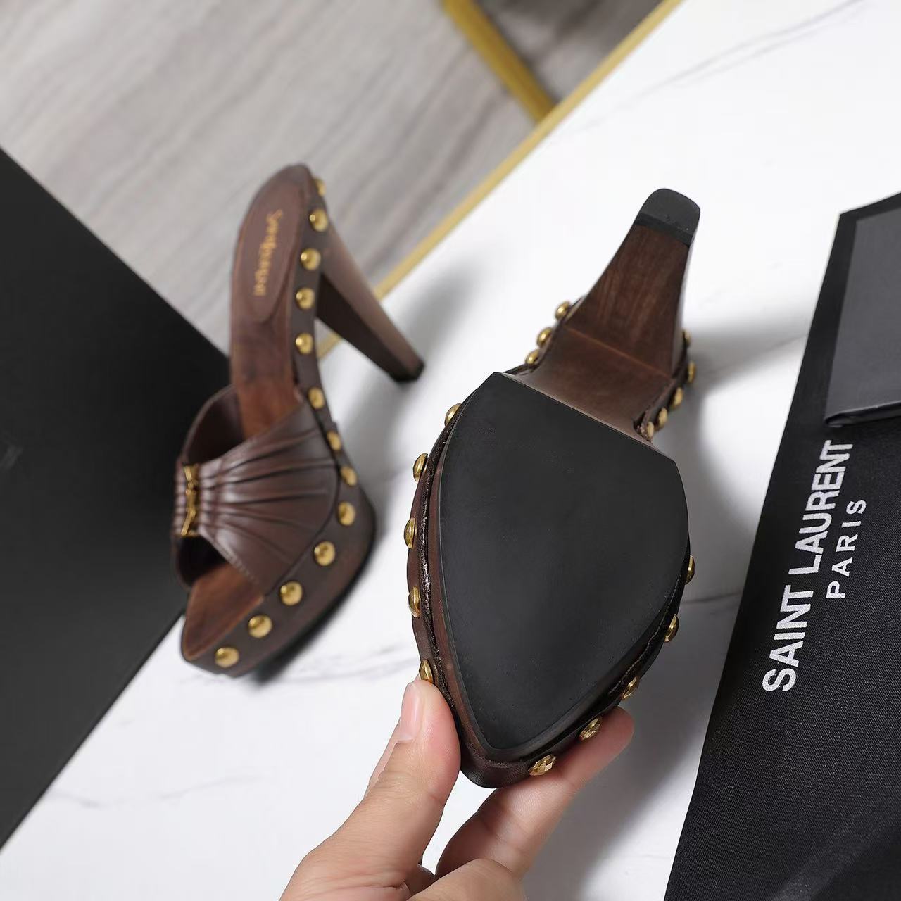 YSL 2026 Bavylone Platform Sandal Brown Smooth Leather