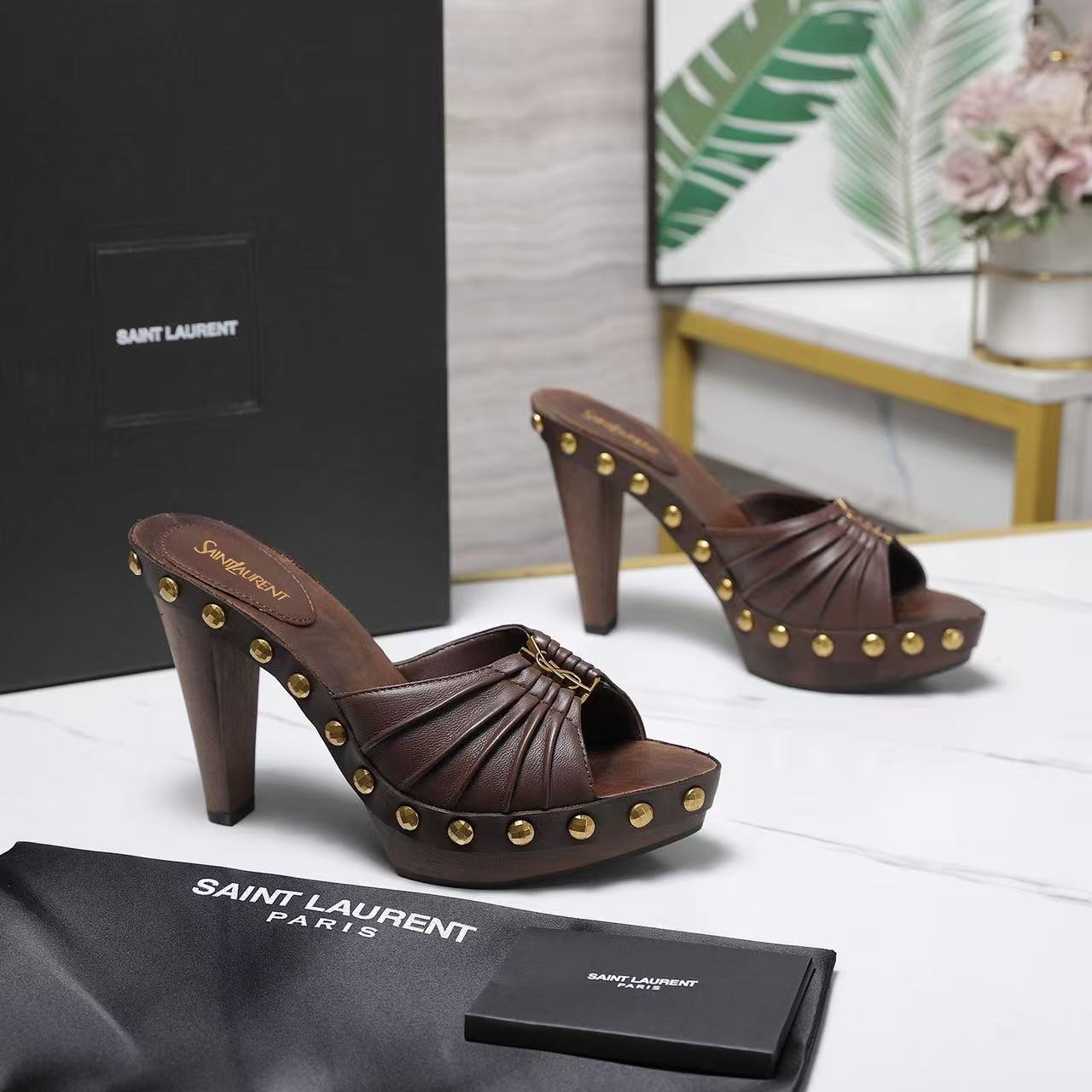 YSL 2026 Bavylone Platform Sandal Brown Smooth Leather