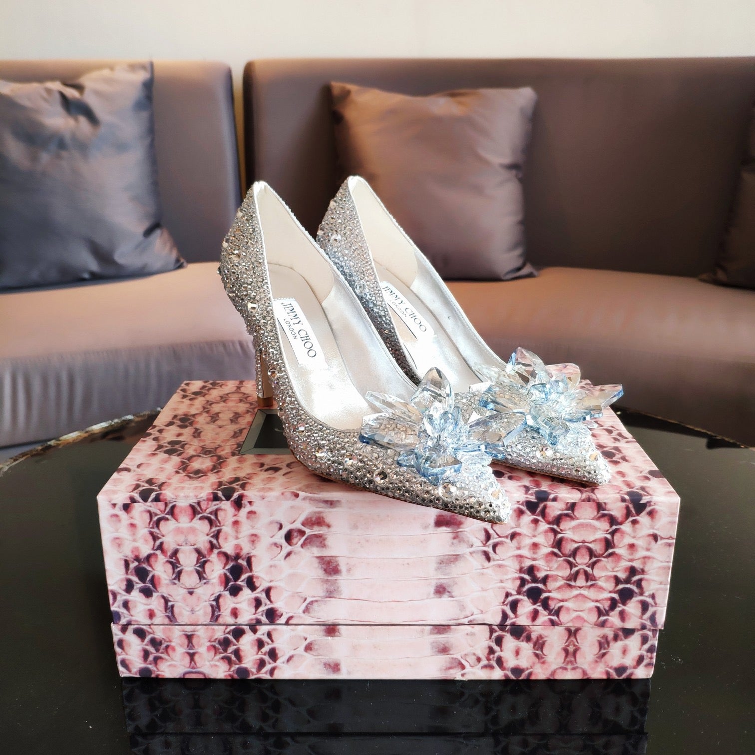 Jimmy Choo Avril Crystal Covered Pointy Toe Pump 85mm Silver Blue Leather