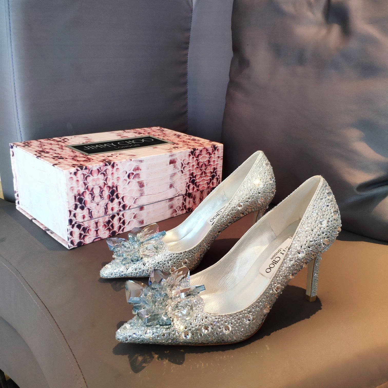 Jimmy Choo Avril Crystal Covered Pointy Toe Pump 85mm Silver Blue Leather