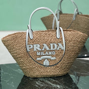Prada 2026 Large Shopping Bag 56cm Tan White Raffia and Leather