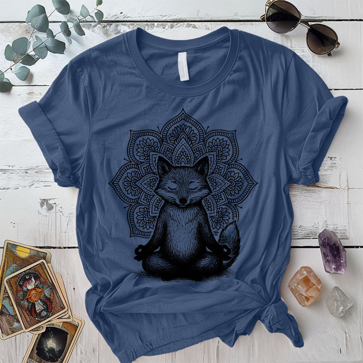 Meditating Fox Mandala T-Shirt Mockup Indigo Blue