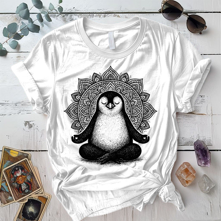 Meditating Penguin Mandala T-Shirt Mockup White