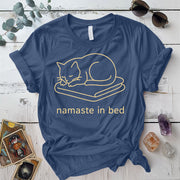 Namaste In Bed Cat T-Shirt Mockup Indigo Blue