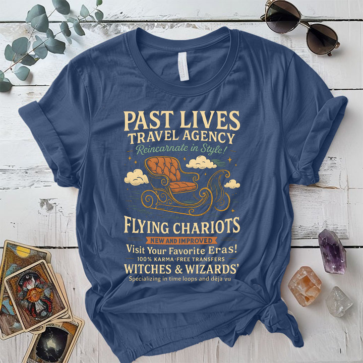 Past Lives Travel Agency T-Shirt Mockup Indigo Blue