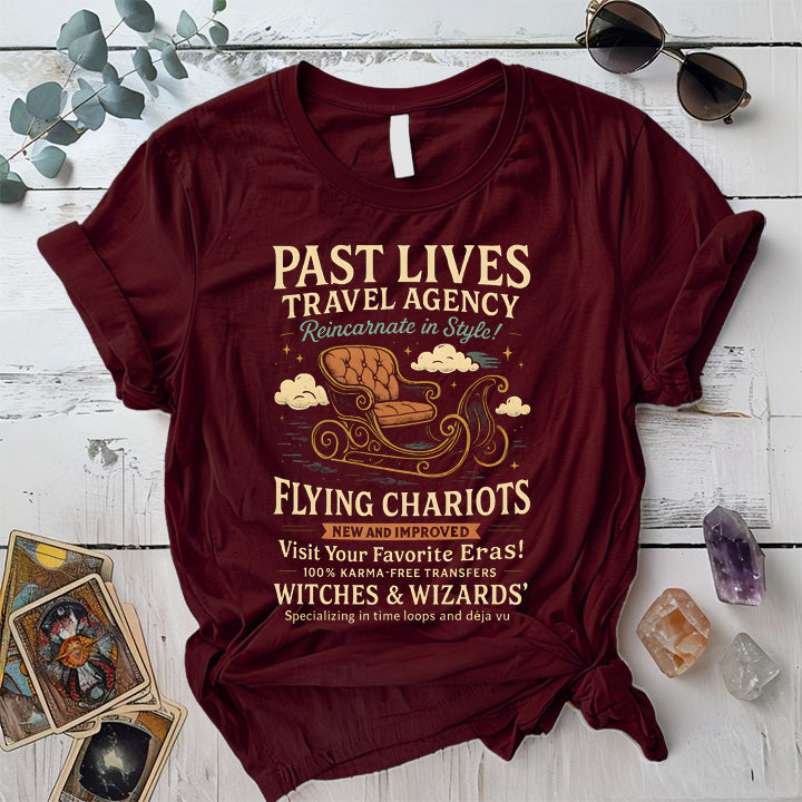 Past Lives Travel Agency T-Shirt Mockup Maroon