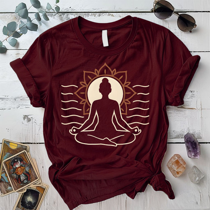 Radiant Lotus Pose T-Shirt Mockup Maroon