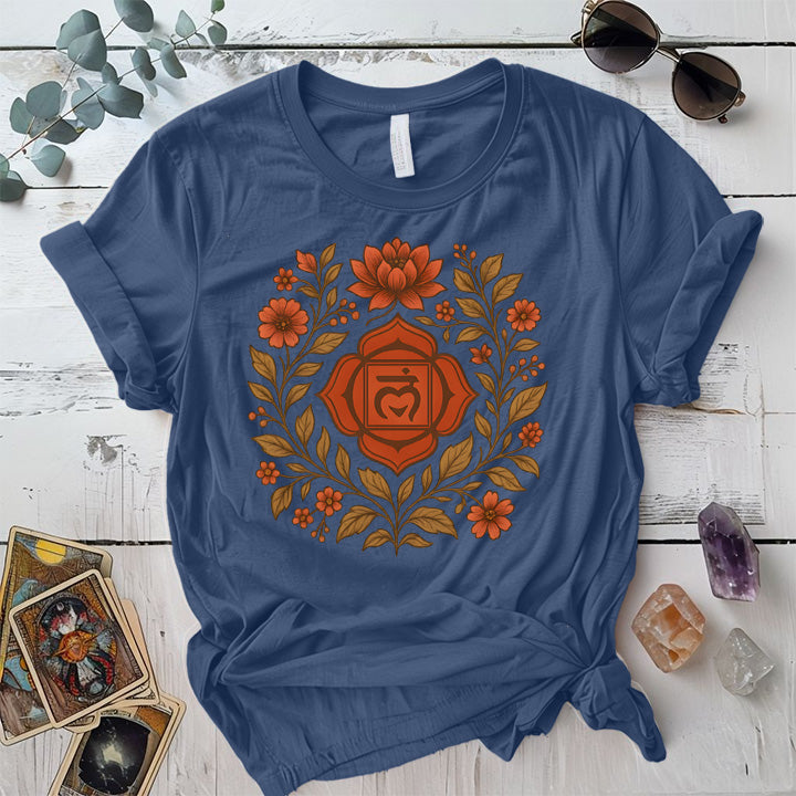 Retro Floral Root Chakra T-Shirt Mockup Indigo Blue