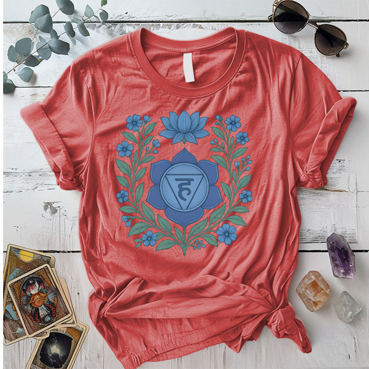 Retro Floral Throat Chakra T-Shirt Mockup Coral Silk