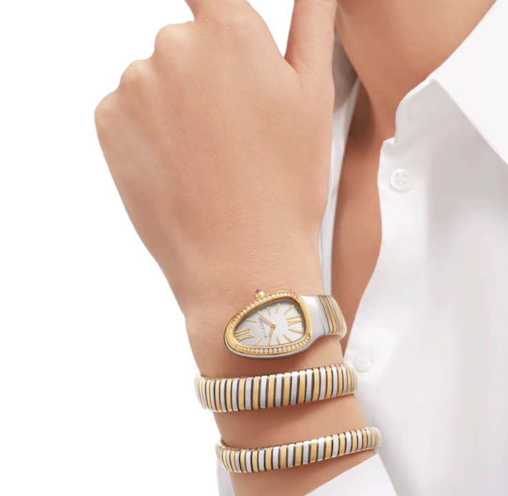 Bulgari Serpenti Tubogas 35mm Steel and Gold Diamond Quartz White Dial Watch