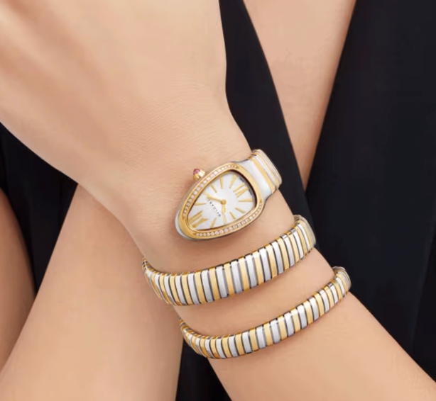 Bulgari Serpenti Tubogas 35mm Steel and Gold Diamond Quartz White Dial Watch