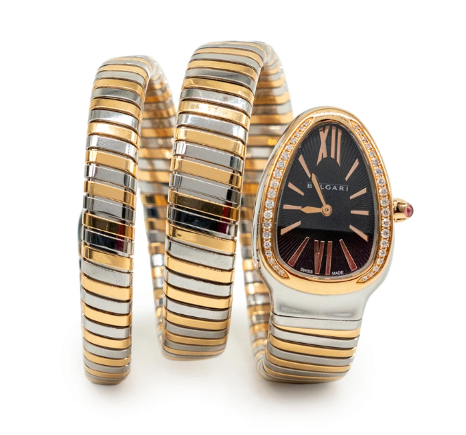 Bulgari Serpenti Tubogas 35mm Steel and Gold Diamond Quartz Black Dial Watch