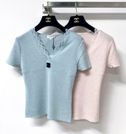 Chanel 2026 Lace V-neck Shirt Blue Pink Wool Cashmere 295236