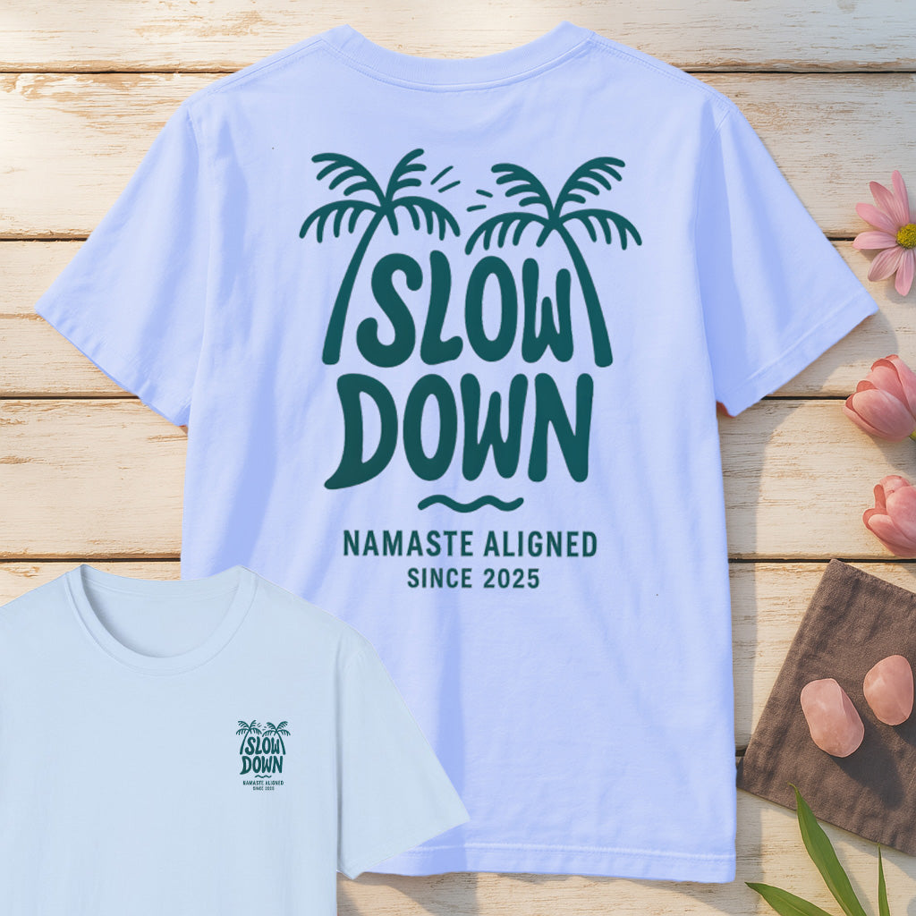 Slow Down Namaste Aligned T-Shirt Mockup light-blue