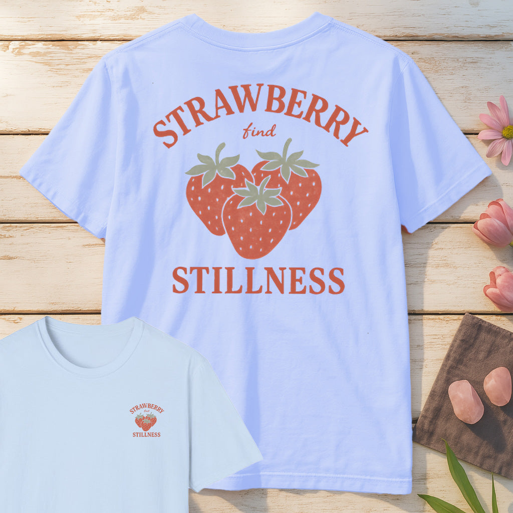 Strawberry Find Stillness T-Shirt Mockup light-blue