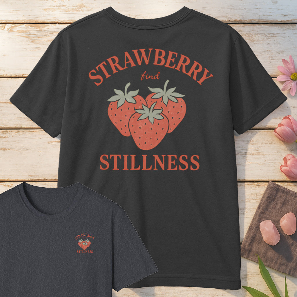 Strawberry Find Stillness T-Shirt Mockup dark-heather-grey