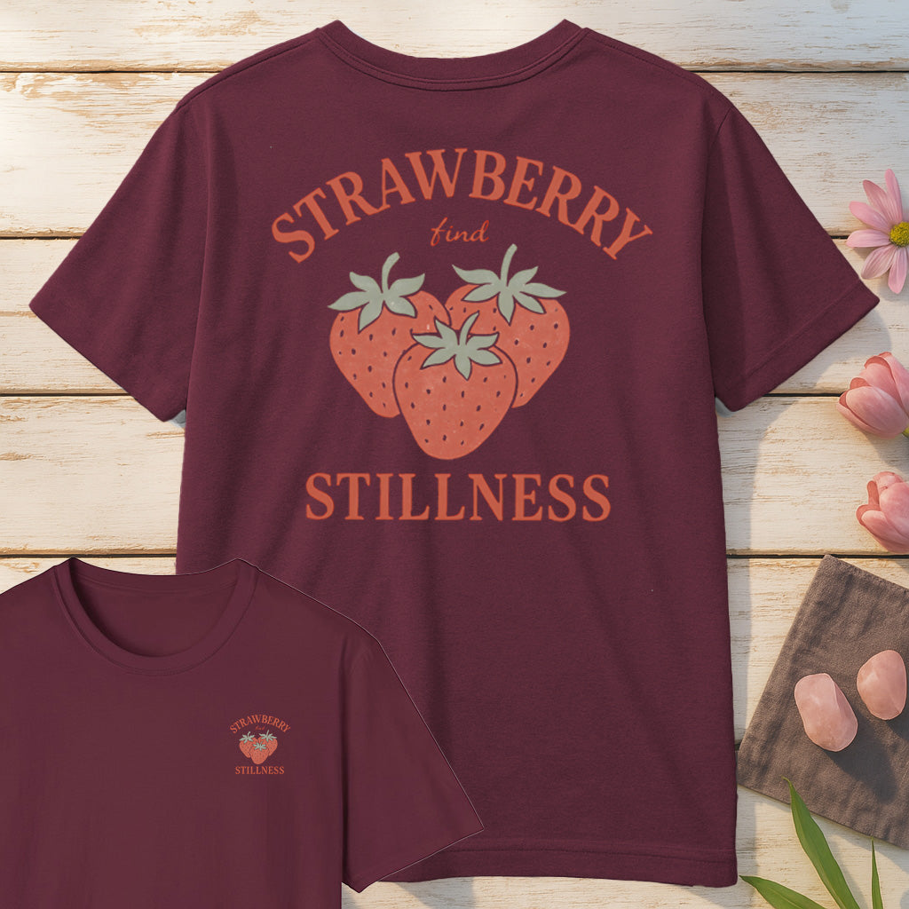 Strawberry Find Stillness T-Shirt Mockup maroon