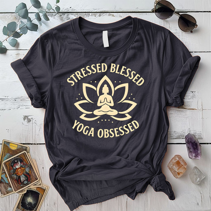 Stressed Blessed Yoga Obsessed T-Shirt Mockup Dark Heather Grey