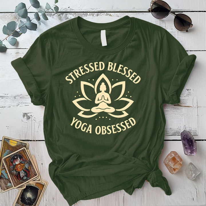 Stressed Blessed Yoga Obsessed T-Shirt Mockup Military Green