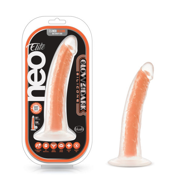Neo Elite Glow In The Dark 7.5in Dual Density Cock Neon Orange