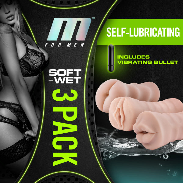 M For Men 3 Pk Vibrating Self Lubricating Stroker Sleeve Kit Vanilla