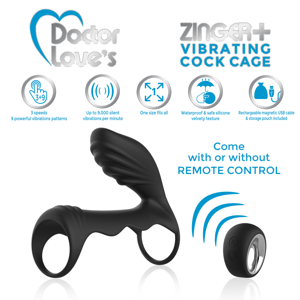 Doctor Love Zinger+ Vibrating Rechargeable Cock Cage W/ Remote Black