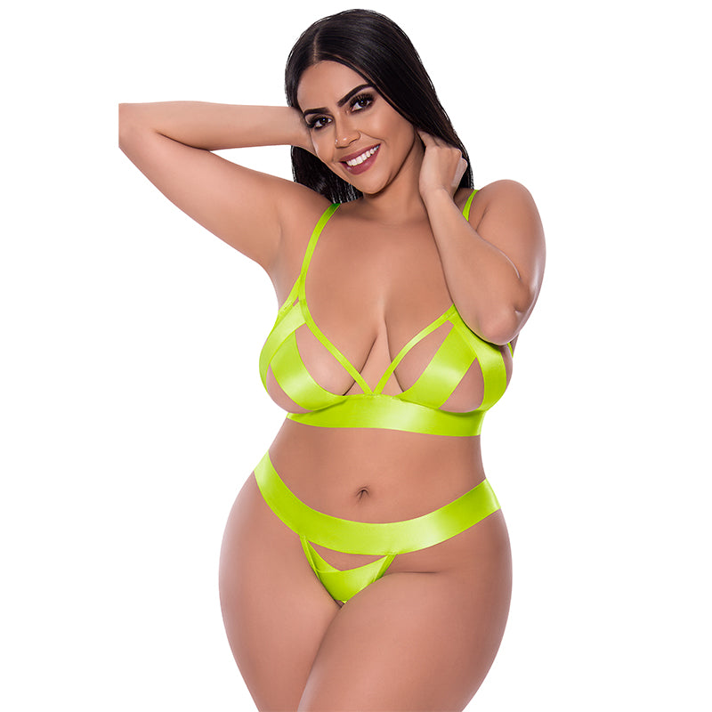 Strap Tease Bra & Crotchless Panty Neon
