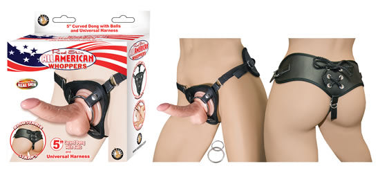 All American Whoppers 5 Curved Dong W Balls Flesh & Universal Harness" Default Title