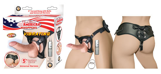 All American Whoppers 5 Vibrating Curved Dong W/balls Flesh & Universal Harness" Default Title