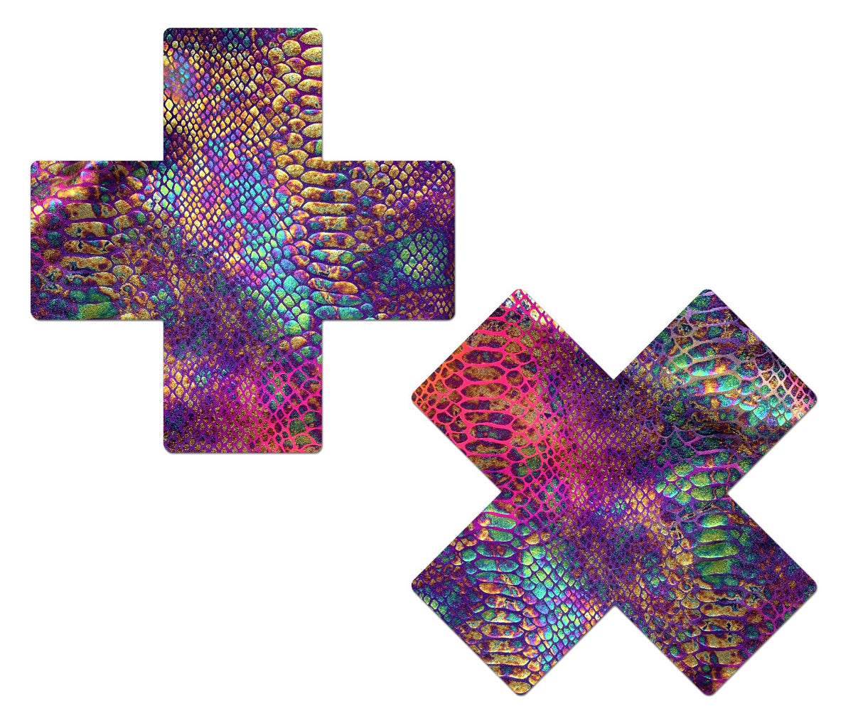 Pastease Plus X Neon Rainbow Tie Dye Snake Print Cross Nipple Pasties Default Title
