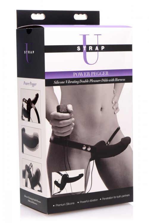 Strap U Power Pegger Silicone Vibrating Double Pleasure Dildo With Harness Black