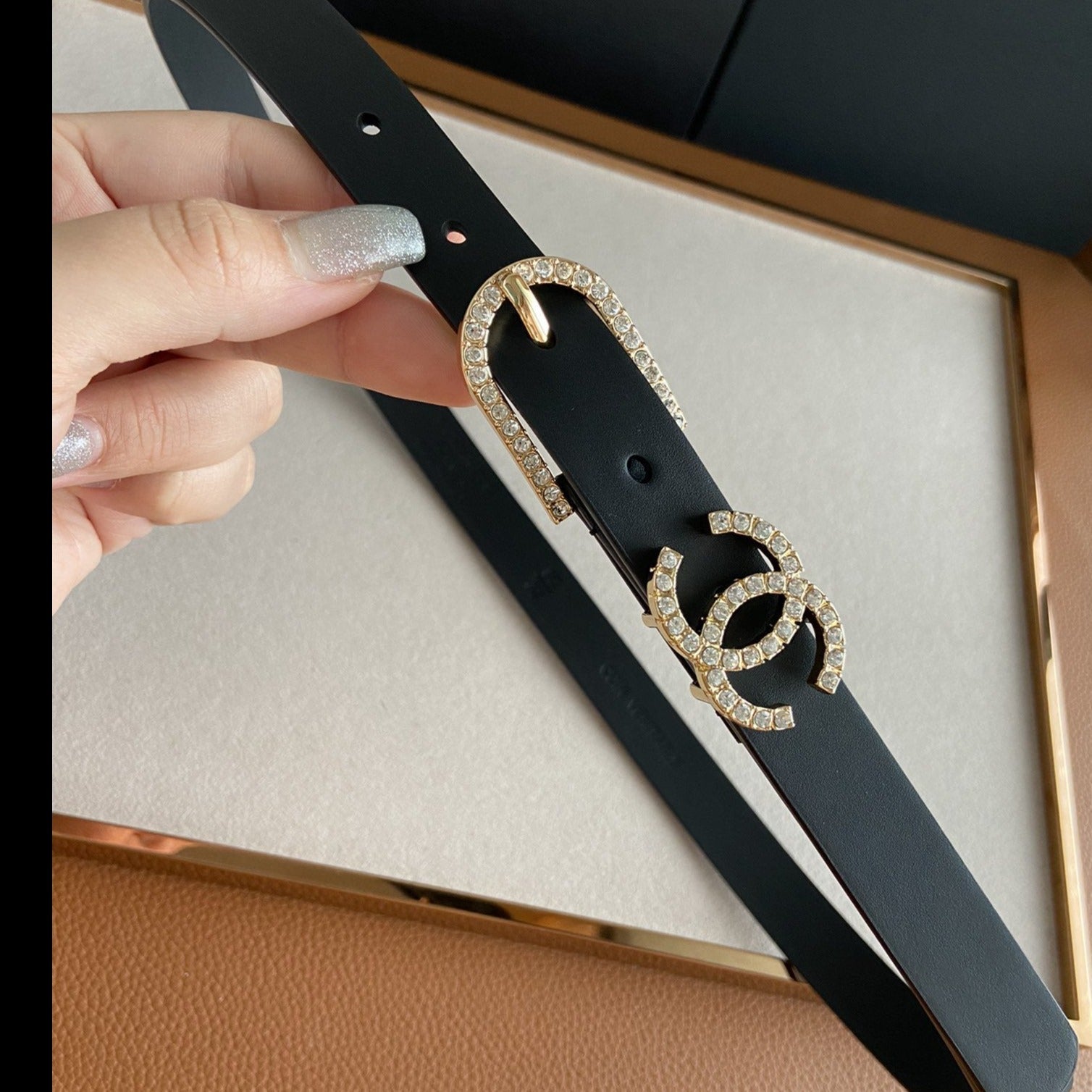 CC BELT 2.0CM BUCKLE GOLD DIAMOND LEATHER BLACK