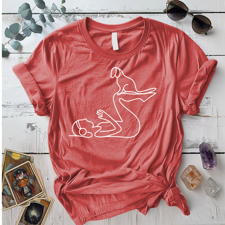 Yoga Dog Silhouette T-Shirt Mockup Coral Silk