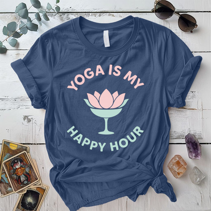 Yoga Is My Happy Hour Glass T-Shirt Mockup Indigo Blue
