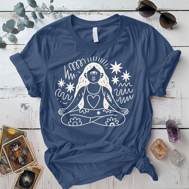 Yoga Meditation Silhouette Light T-Shirt Mockup indigo-blue