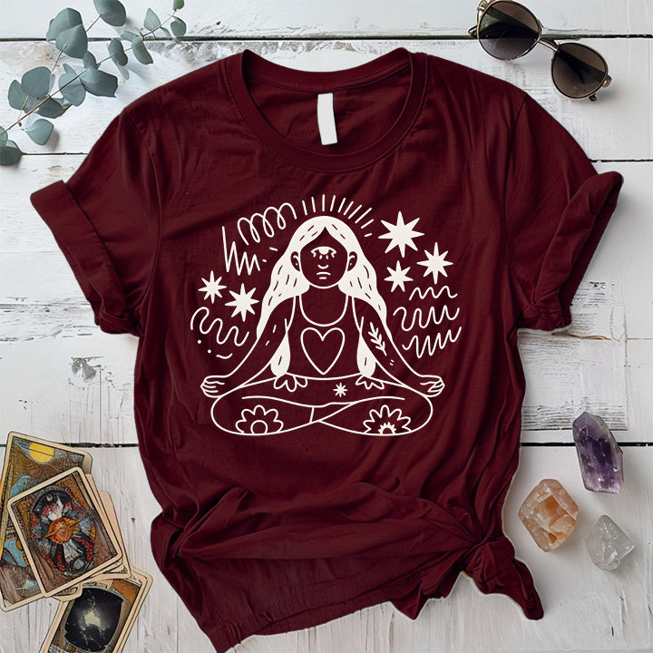 Yoga Meditation Silhouette Light T-Shirt Mockup maroon