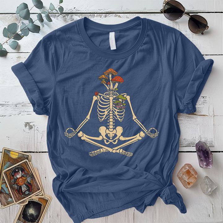 Yoga Mushroom Skeleton T-Shirt Mockup Indigo Blue
