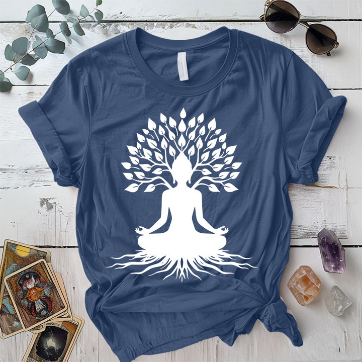 Buddha Tree T-Shirt Mockup indigo-blue