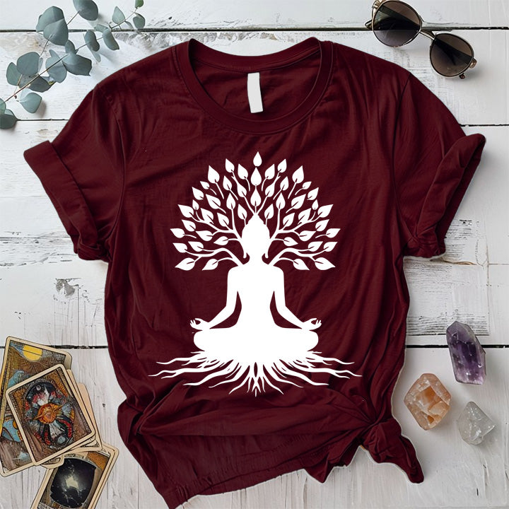 Buddha Tree T-Shirt Mockup maroon